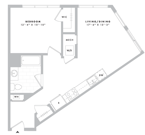 Floor plan for 1 bed, 1 bath, 684 sqft